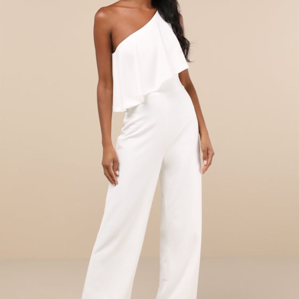 Lulus Flawless Vibes White One-shoulder Tiered Wide-leg Jumpsuit - Size XS